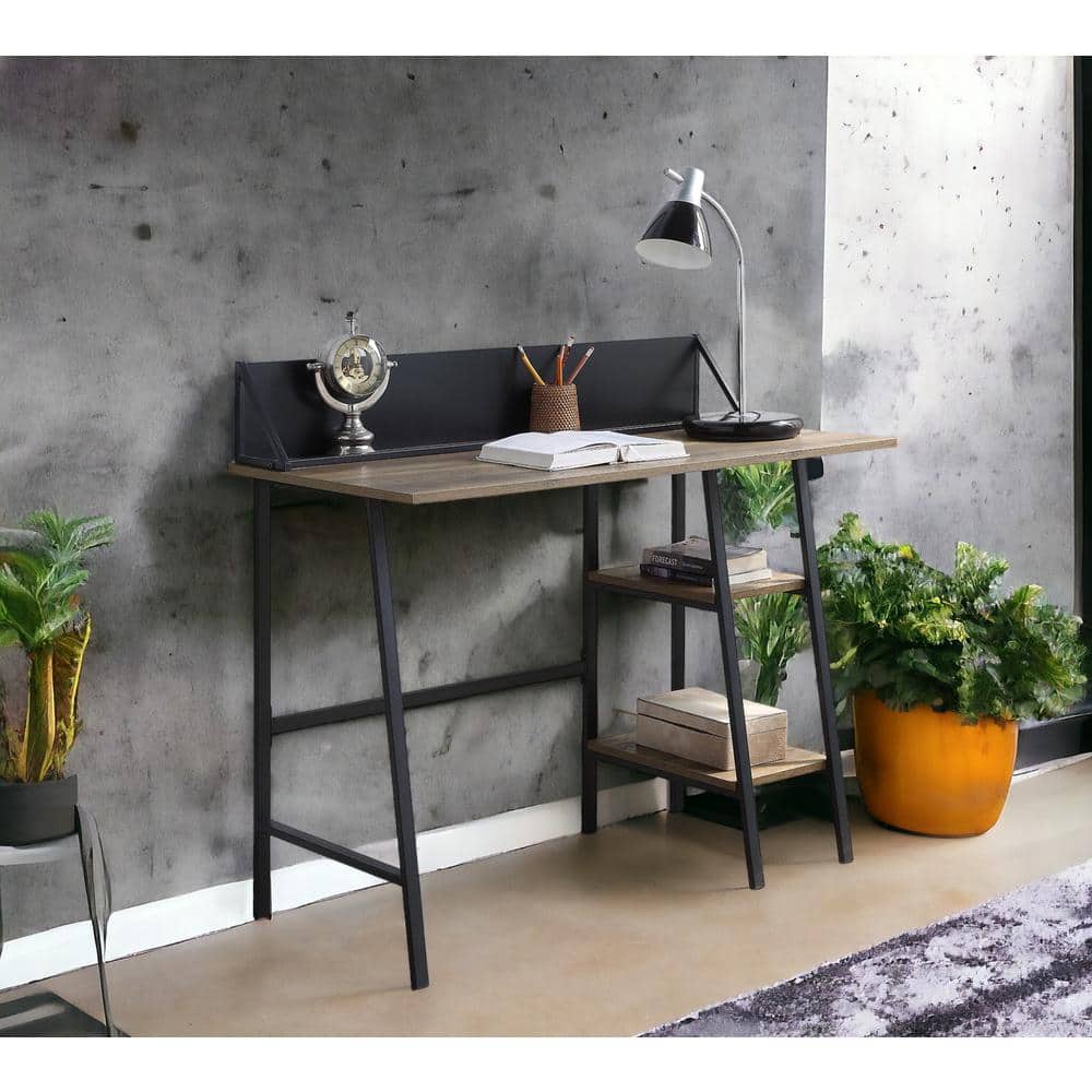 Rustic Oak and Black Wood Writing Desk with Shelves