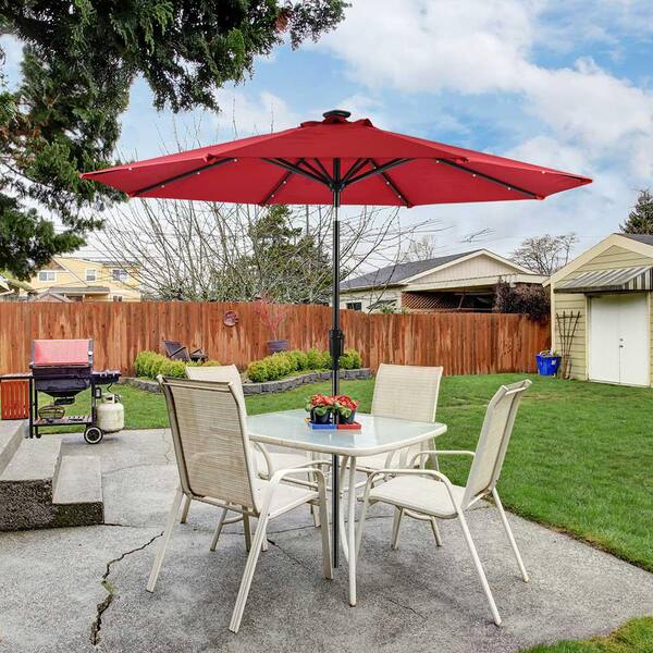 Sun-Ray 9 ft. Round Solar Lighted Market Umbrella- Scarlet 841022 - The  Home Depot