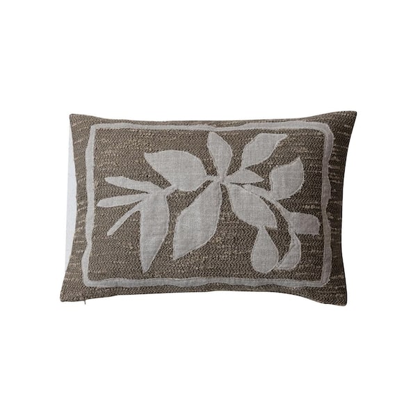 Storied Home Brown and Tan Botanical and Applique Woven Polyester 24 in. x 16 in. Fabric Lumbar Throw Pillow