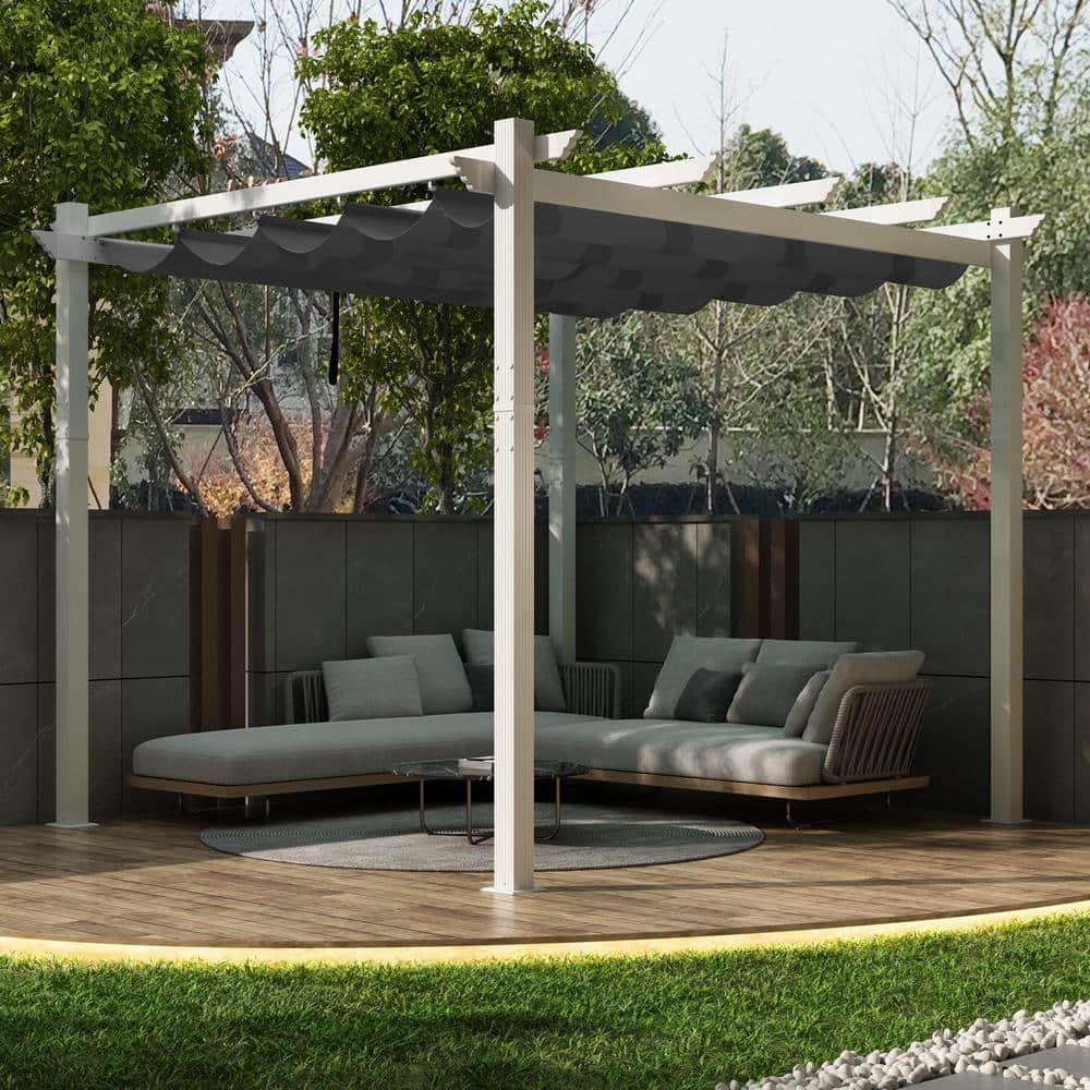 10 ft. W x 10 ft. D Outdoor White Aluminum Pergola with Gray Adjustable UV Resistant Sun Shelter Canopy for Porch price history on PriceWatchPro