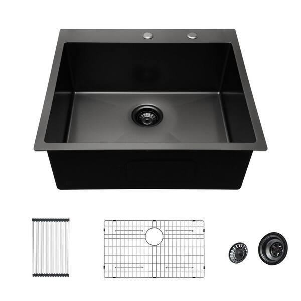 Matrix Decor Matte Black 16 Gauge Stainless Steel 28 In Single Bowl Drop In Kitchen Sink With Assembly Mdh Tl28br The Home Depot