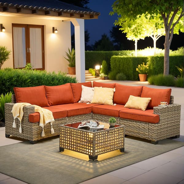 Silvae Gray 6-Piece PE Rattan Wicker Outdoor Sectional Set Patio Conversation Set with Orange Red Cushion and Table