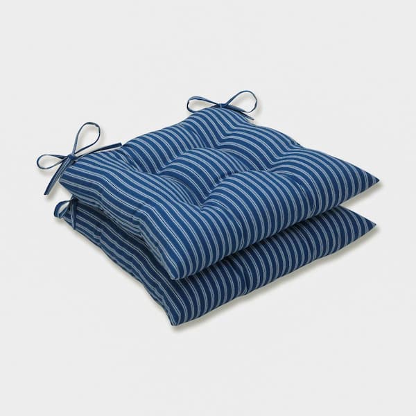 Pillow Perfect Striped 19 in. x 18.5 in. Outdoor Dining Chair Cushion in Blue/White Resprt Stripe (Set of 2)