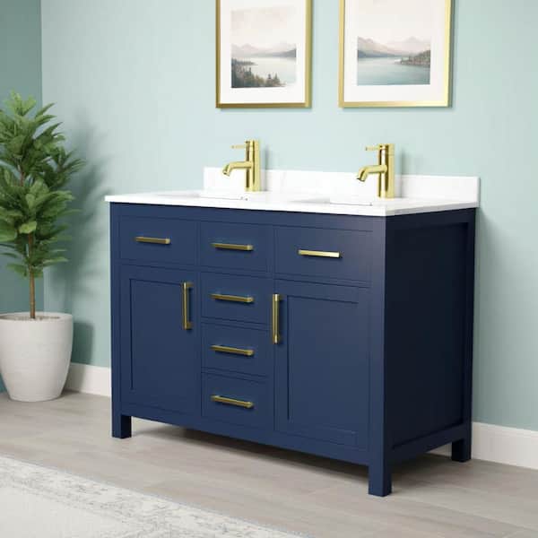 Beckett 48 in. W x 22 in. D x 35 in. H Double Sink Bathroom Vanity in Dark Blue with Carrara Cultured Marble Top