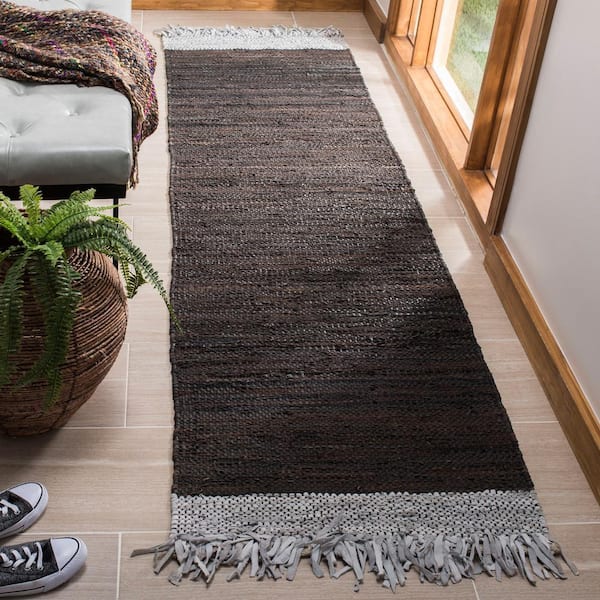 Vintage Leather Light Gray/Dark Brown 2 ft. x 6 ft. Solid Runner Rug