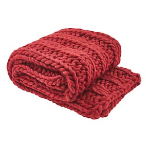 Chunky Ribbed Knit Garnet Red Polyester Throw Blanket