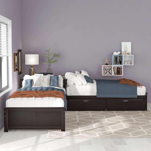 Modern Espresso Twin Size L-shaped Platform Bed with Trundle and Drawers Linked with Built-in Desk
