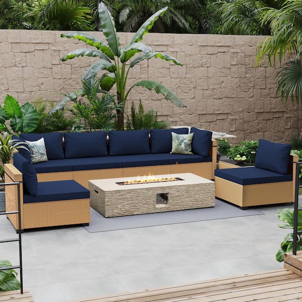 PATIOGUARDER 8-Piece Rattan Patio Conversation Set with Cushions and 56 in. Outdoor Rectangle Fire Pit Table, Navy Blue Cushions