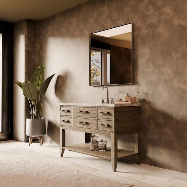 Irvington 48 in W x 22 in D Grey Oak Single Bath Vanity, Carrara Marble Top, Faucet Set, and 46 in Mirror
