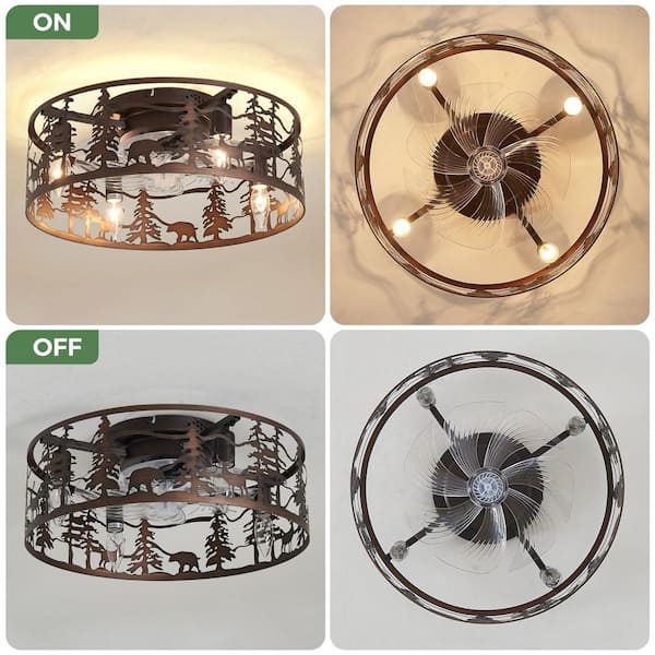 JUSHENG 17.7 in. 4-Light Bronze Rustic Forest Flush Mount Ceiling