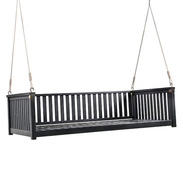 Zeus & Ruta 2-Person Black Wood Patio Hanging Porch Swing Bench Chair With Ropes for Backyard