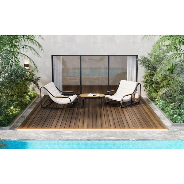 Black 3-Piece Metal Outdoor Bistro Set Chaise Lounge Chairs with White Cushions and Acacia Side Table