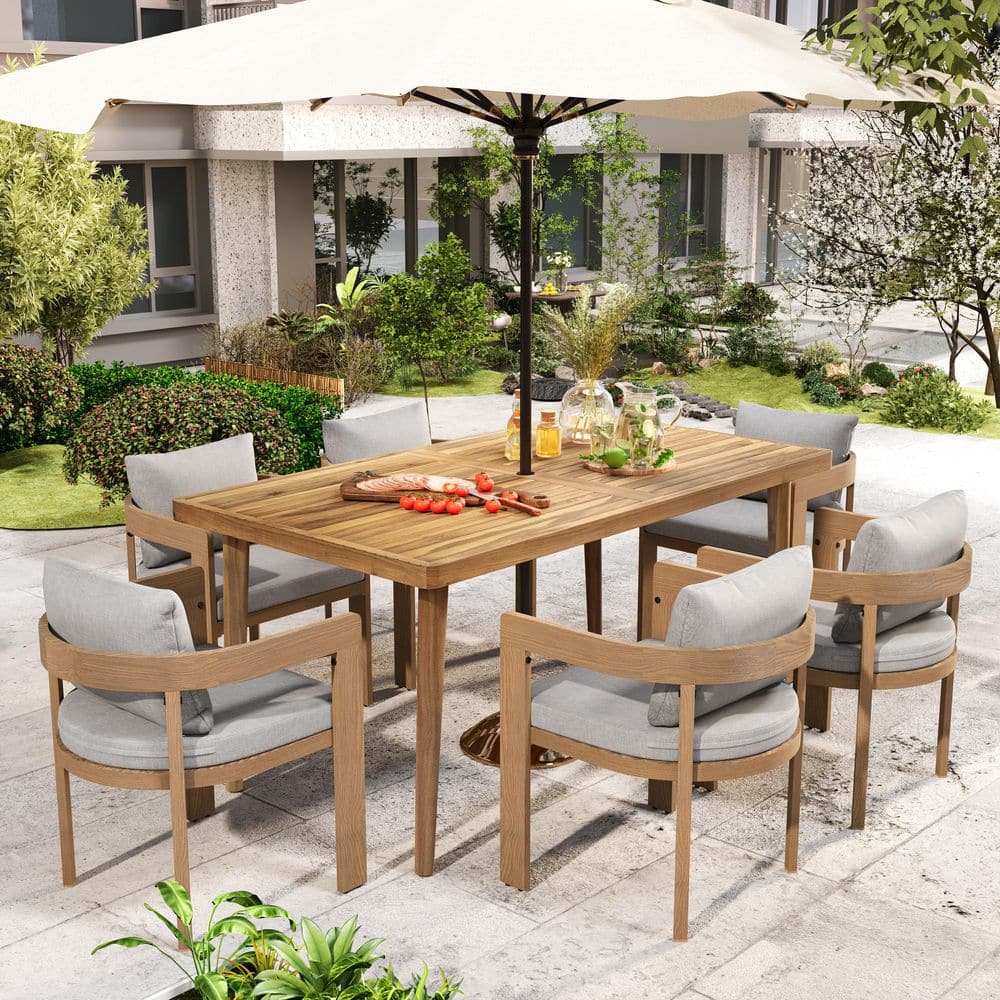Calistae 7-Piece Aluminum Patio Outdoor Dining Set with Light Gray Cushions, Solid Wood Table, Teak Finish price history on PriceWatchPro