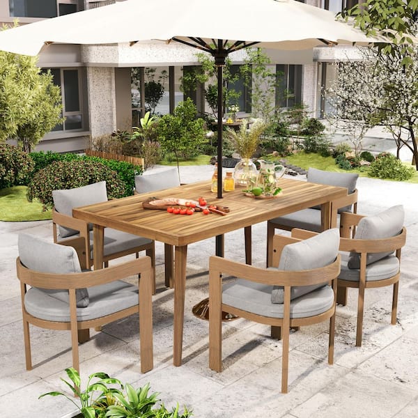 Calistae 7-Piece Aluminum Patio Outdoor Dining Set with Light Gray Cushions, Solid Wood Table, Teak Finish