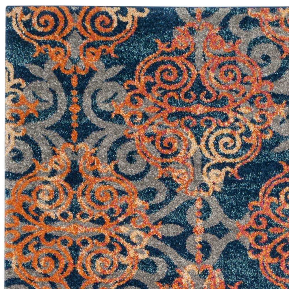 High Pile Blue and Orange Synthetic Boho Area Rug
