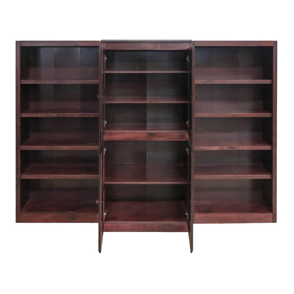 Cherry Finish Tall Wood Bookcase Wall with Adjustable Shelves and Doors