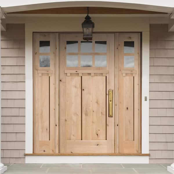 64 in. x 80 in. Craftsman Knotty Alder 2 Panel 6-Lite DS Unfinished Left-Hand Inswing Prehung Front Door with Sidelites 64 in. x 80 in. Craftsman Knotty Alder 2 Panel 6-Lite DS Unfinished Left-Hand Inswing Prehung Front Door with Sidelites
