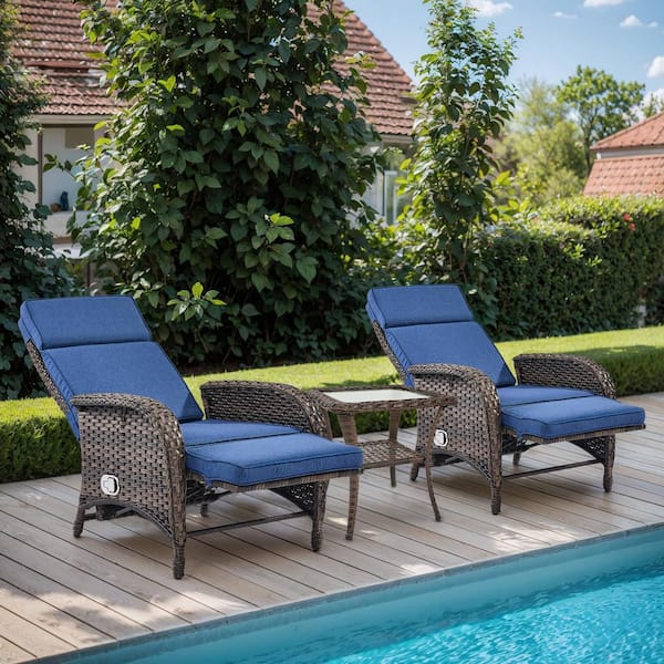 PlainCurve 3-Piece Brown Wicker Outdoor Recliner Chairs Patio Conversation Set with Olefin Blue Cushions and Side Table