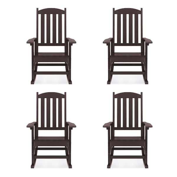 LUE BONA Brown Plastic Adirondack Outdoor Rocking Chair with High Back, Porch Rocker for Backyard (Set of 4)