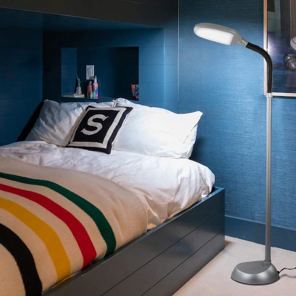 Litespan 53 in. Platinum Silver Industrial 1-Light Dimmable LED Floor Lamp with Height Adjustable Gooseneck Head