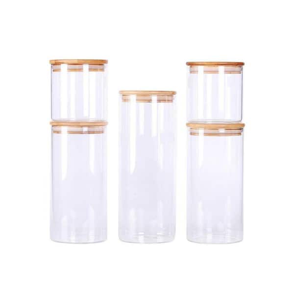 5-Piece Glass Food Storage Canisters Set with Airtight Bamboo Lids Clear Stackable Jars for Kitchen Pantry