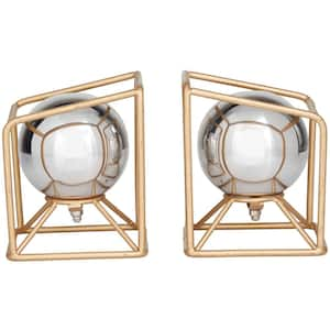 Silver Stainless Steel Orb Geometric Bookends with Gold Base (Set of 2)