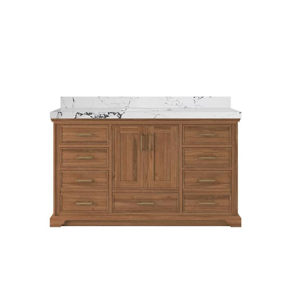 Willow Collections Charlotte Teak 60 in. W x 22 in. D x 36 in. H Single Sink Bath Vanity in Dark Natural with 2 in. Viola Night Top