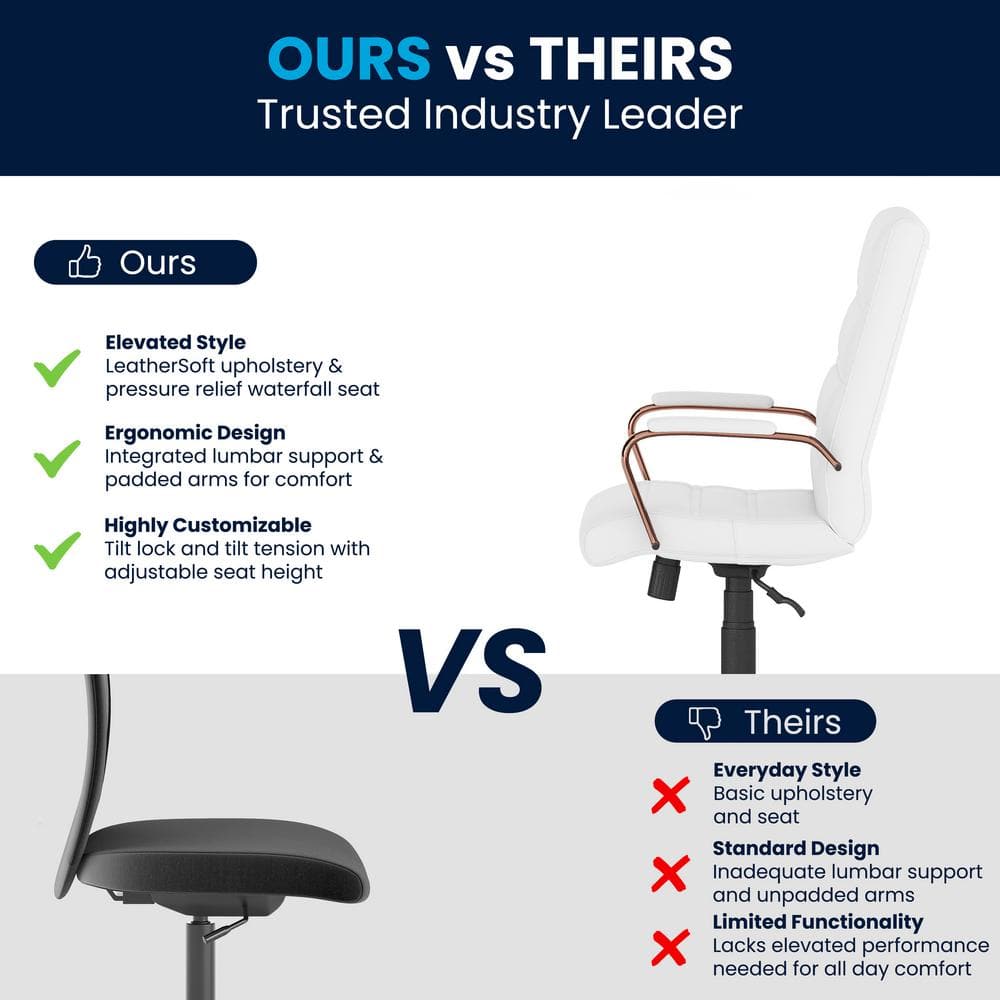 Mid-Back White LeatherSoft Executive Chair with Rose Gold Metal Base