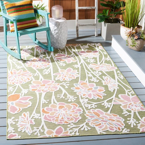 Cabana Green/Pink 6 ft. x 6 ft. High-Low Floral Abstract Indoor/Outdoor Square Area Rug