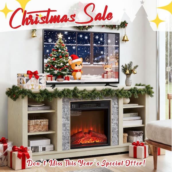 58 in. W Freestanding Wooden Modern Electric Fireplace TV Stand with Faux Stacked Stone Surround in White