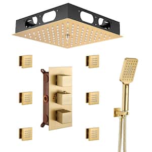 Luxury Thermostatic LED 4-Spray Patterns 12 in. Flush Ceiling Mount Rainfall Dual Shower Heads with 6-Jets in Brush Gold