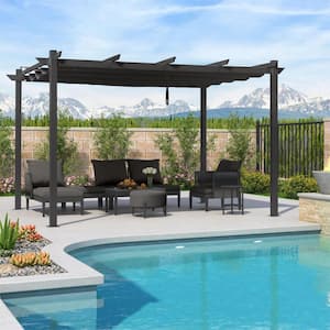 10 ft. x 13 ft. Gray Aluminum Frame Pergola with Gray Retractable Sun Shade Canopy and Extra Top Roof