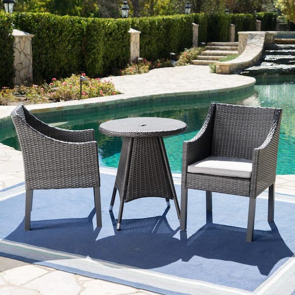 Noble House Franco 28.35 in. Grey 3-Piece Metal Round Outdoor Dining Set with Silver Cushions