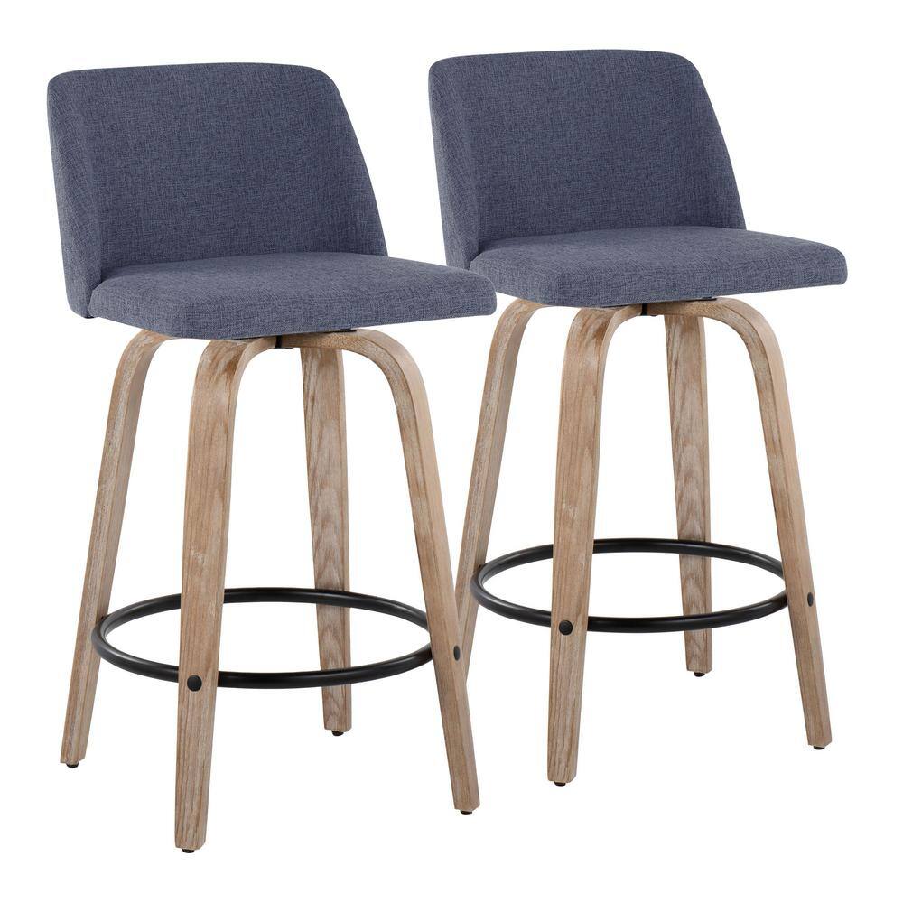 Blue Upholstered Swivel Counter Stool with Wood Legs