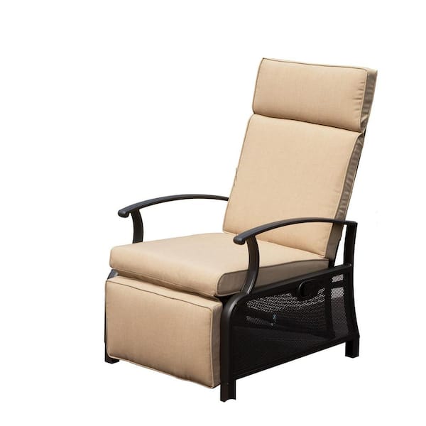 Unbranded Outdoor Metal Lounge Chair, Patio Adjustable Recliner Chair with Flip Table Push Back and Beige Cushion