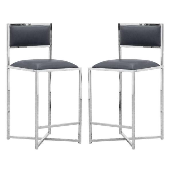 Benjara 32 in. Gray and Chrome Low Back Metal Frame Counter stool with Faux Leather Seat (Set of 2)