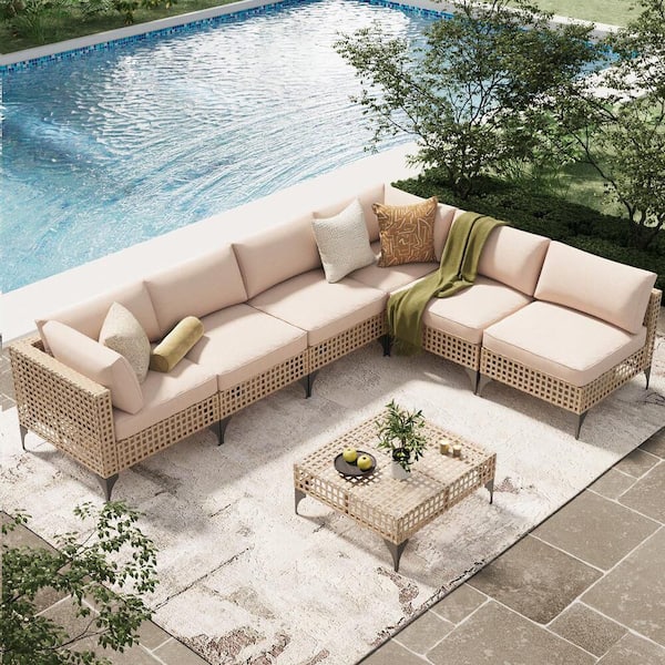 Sudzendf 7-Piece Brown Wicker Patio Conversation Set with Khaki Cushions and Coffee Table