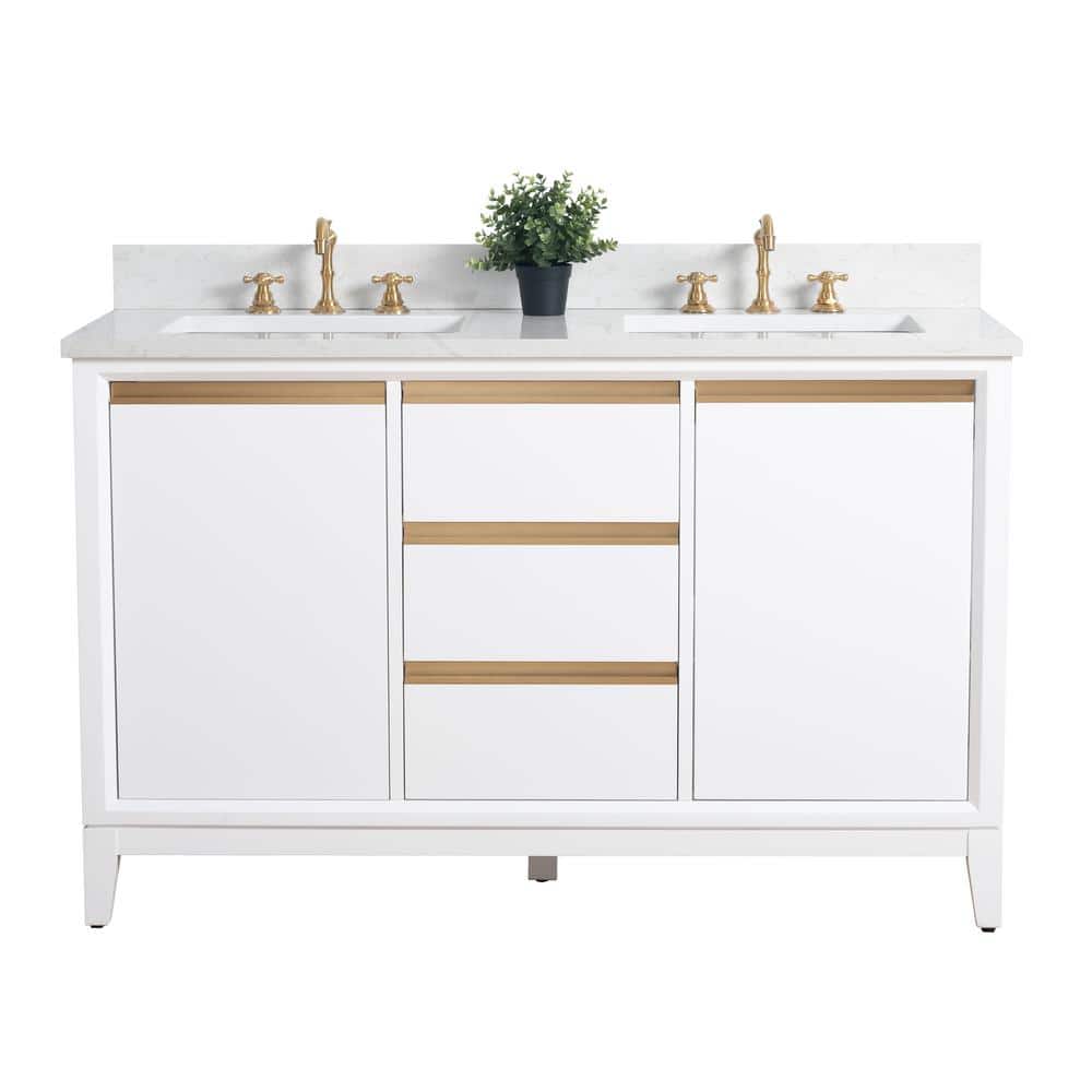White Poplar Wood Double Bathroom Vanity with Marble Top