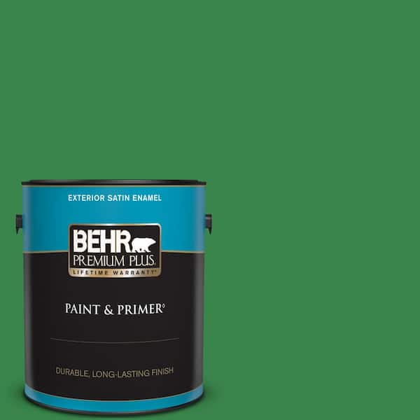 BEHR PREMIUM PLUS 1 gal. #450B-7 Green Grass Satin Enamel Exterior Paint & Primer