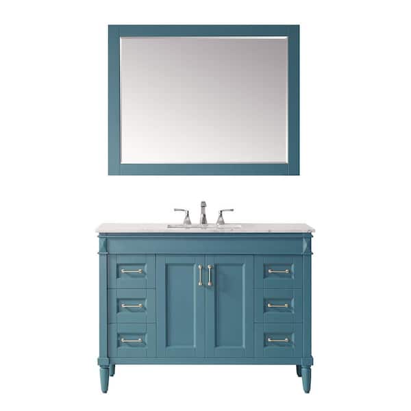 ROSWELL Catania 48 in. Bath Vanity in Green with Marble Vanity Top in White with White Basin and Mirror