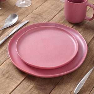 Tom Rustic Stoneware 16-Piece Dinnerware Service Pink and White (Set for 4)