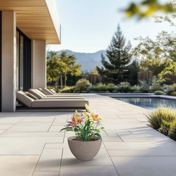 12 in. Medium Light Gray (Enhanced Interior) Concrete Round Planter / Pot with Drainage Holes