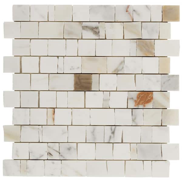 Heritage Calacatta Gold 6 in. x 0.37 in. Hand Clipped Joint Honed Marble Mosaic Floor and Wall Tile Sample