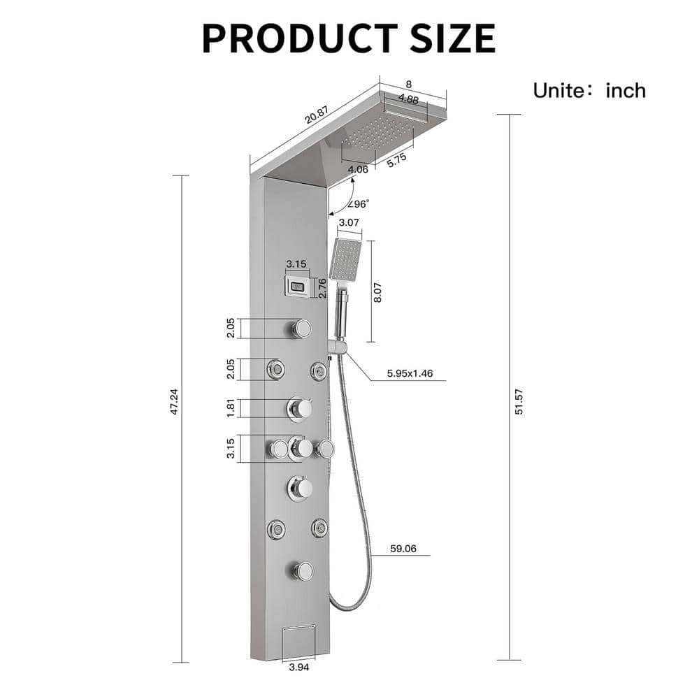 Nickel Chrome 8-Jet Rainfall Shower Panel System with Handheld Wand