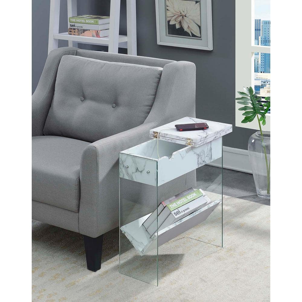 SoHo Modern White Faux Marble Flip Top End Table with Charging Station