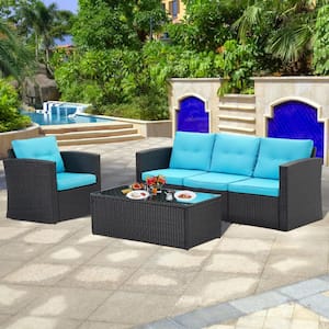 5-Pieces Patio Rattan Furniture Set Cushioned Sofa Chair Coffee with Blue cushion
