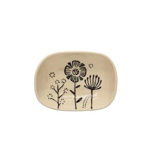5.5 in. Beige and Black Stoneware Floral Dish Platters (Set of 4)