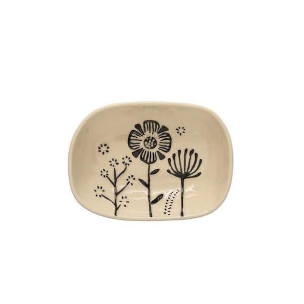 Storied Home 5.5 in. Beige and Black Stoneware Floral Dish Platters (Set of 4)
