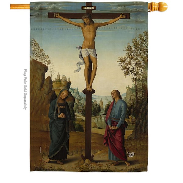 Ornament Collection 28 in. x 40 in. The Crucifixion with Virgin Religious House Flag Double-Sided Decorative Vertical Flags