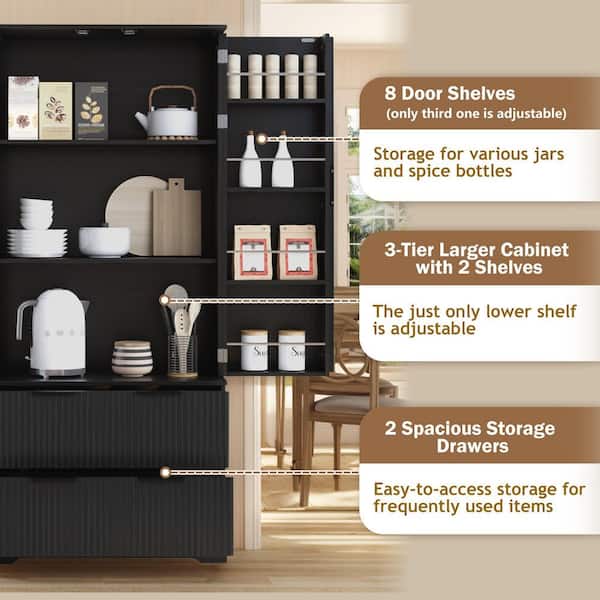HAWOO Black Engineered Wood 31.5 in. W Freestanding Pantry